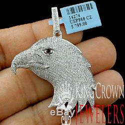 10K White Gold Silver Lab Diamond American Eagle Bird Pendant Mens Pave Charm