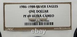 (1986-1988-s) Silver Eagles $1 Pf 69 Ultra Cameo (ngc Graded 3 Coin Set)