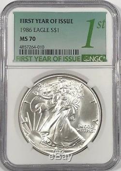 1986 Ngc Ms70 $1 Mint State Silver American Eagle 1 Oz. 999 First Year Issue