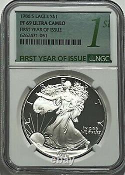 1986 S $1 Ngc Pf69 Ultra Cameo Proof Silver Eagle First Year Of Issue Fyoi Label