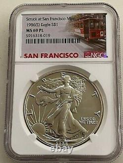 1986 (S) $1 Silver Eagle NGC MS69 PL -Numismatic Rarity in Prooflike Designation