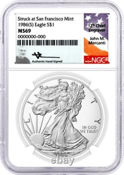 1986 (S) $1 Silver Eagle Struck at San Francisco Mint NGC MS69 Mercanti Signed