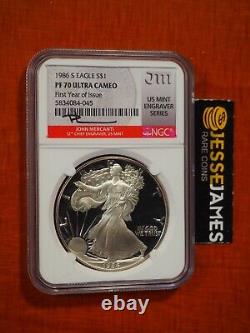 1986 S Proof Silver Eagle Ngc Pf70 John Mercanti Signed Engraver Series Label