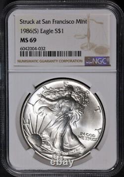 1986 (S) Silver American Eagle $1 NGC MS69 Struck at San Francisco Brown STOCK