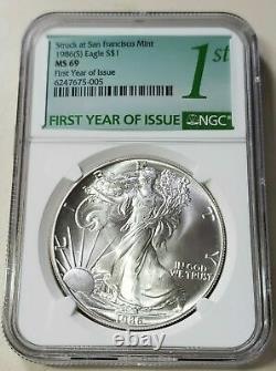 1986-S Silver American Eagle NGC MS69 / First Year / Minted in San Francisco