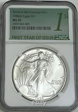 1986 (s) Ngc Ms70 $1 Silver Eagle 1 Oz Struck At San Francisco First Year Issue