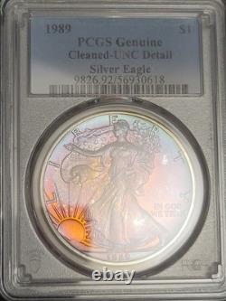 1989 American Silver Eagle Ase Pcgs Unc Detail Qc Rainbow Toned Trueview