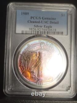 1989 American Silver Eagle Ase Pcgs Unc Detail Qc Rainbow Toned Trueview