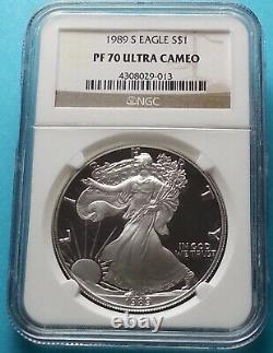 1989 S American Silver Eagle PF 70 Ultra Cameo. 999 Fine Silver Brown Label