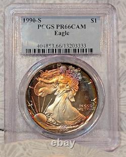 1990-S PCGS PR66 Cameo Monster Dual Sided Rainbow Tone Silver Eagle One Oz Color