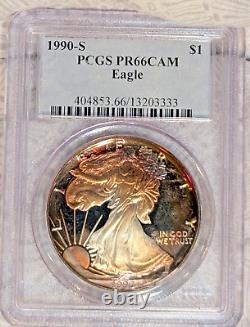 1990-S PCGS PR66 Cameo Monster Dual Sided Rainbow Tone Silver Eagle One Oz Color