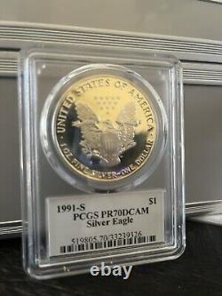 1991 S American Silver Eagle Pcgs Pr70 Dcam Mercanti Flag Pop Only 454