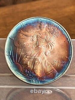 1993 Silver American Eagle Monster Rainbow Toned Both Sides
