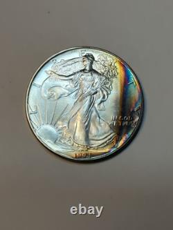 1994 Silver Eagle, Beautiful Crescent Rainbow Toning, Key Date, Bu Gem