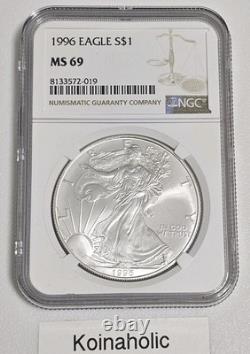 1996 $1 American Silver Eagle. 999 NGC MS69, Lowest Mintage Pulled From Storage