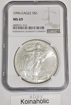 1996 $1 American Silver Eagle. 999 NGC MS69, Lowest Mintage Pulled From Storage