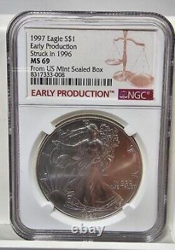 1997 Silver Eagle EARLY PRODUCTION Struck In 1996 MS69 From US Mint Sealed Box