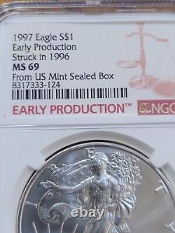 1997 Silver Eagle EARLY PRODUCTION Struck In 1996 MS69 From US Mint Sealed Box