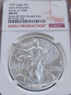1997 Silver Eagle EARLY PRODUCTION Struck In 1996 MS69 From US Mint Sealed Box