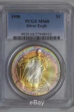 1998 Silver American Eagle MS68 PCGS Rainbow Toned Cotton Candy Coin 1oz