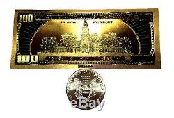 1 Troy Ounce. 999 Fine 2017 American Silver Eagle Bu + 99.9% 24k Gold $100 Bill