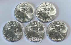 2001-20 Lot of 5 American Silver Eagle 1 Troy Oz. 999 Fine Silver 1/4 Roll