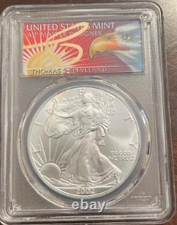 2002 $1 AMERICAN SILVER EAGLE PCGS MS70 THOMAS CLEVELAND SIGNED Eagle LABEL