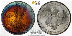 2002 American Silver Eagle Ase Pcgs Unc Detail Qc Rainbow Toned Trueview