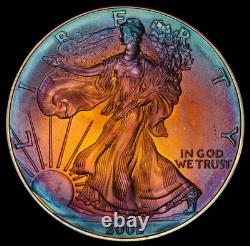 2002 American Silver Eagle Ase Pcgs Unc Detail Qc Rainbow Toned Trueview