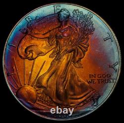 2002 American Silver Eagle Ase Pcgs Unc Detail Qc Rainbow Toned Trueview