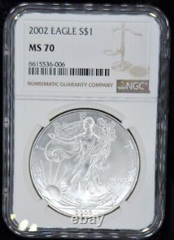2002 American Silver Eagle NGC MS 70 Brown Label, FLAWLESS
