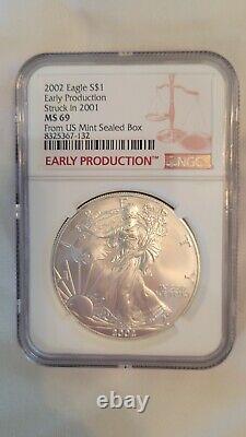 2002 Ngc Ms69 Early Production Silver Eagle Struck 2001 From Us Mint Sealed Box