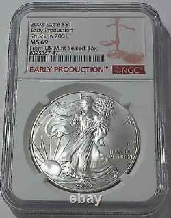 2002 Ngc Ms69 Early Production Silver Eagle Struck 2001 From Us Mint Sealed Box