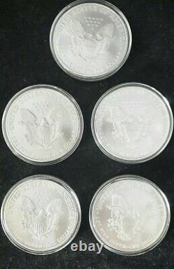 2007 -5 count 1 oz. 999 Silver-American Silver Eagles in Capsules. BU Bullion$