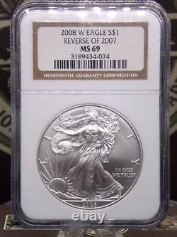 2008 W American Burnished Silver Eagle REVERSE of 2007 NGC MS69 #074 ECC&C