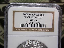 2008 W American Burnished Silver Eagle REVERSE of 2007 NGC MS69 #074 ECC&C