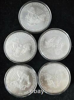 2009 -5 count 1 oz. 999 Silver-American Silver Eagles in Capsules. BU Bullion$