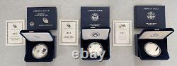 2010-2012 W US Mint American Eagle One Ounce Silver Proof Coins COA, Box, 3 OZT