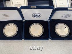 2010-2012 W US Mint American Eagle One Ounce Silver Proof Coins COA, Box, 3 OZT