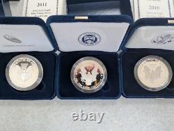 2010-2012 W US Mint American Eagle One Ounce Silver Proof Coins COA, Box, 3 OZT