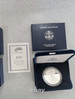 2010-2012 W US Mint American Eagle One Ounce Silver Proof Coins COA, Box, 3 OZT