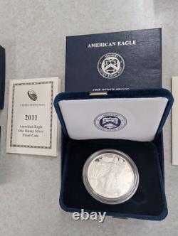 2010-2012 W US Mint American Eagle One Ounce Silver Proof Coins COA, Box, 3 OZT