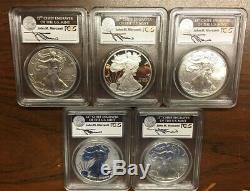 2011 American Silver Eagle 25th Anniversary 5 Coin Set All Pcgs Graded 70