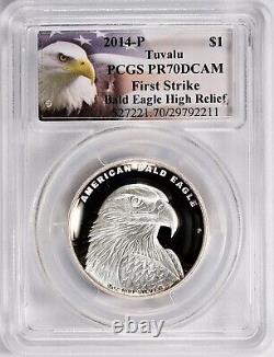 2014-P Tuvalu Silver Dollar Bald Eagle High Relief PCGS PR70 DCAM withCOA & Case