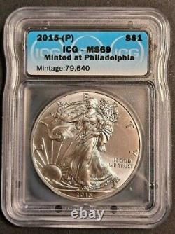 2015-(P) SILVER EAGLE ICG MS69 MINTED AT PHILADELPHIA -KEY DATE! -d8347hxxx
