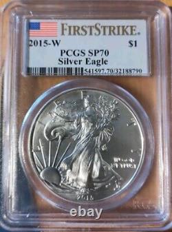 2015 W Burnished Silver Eagle Pcgs Sp70 Flag First Strike Label #32187814