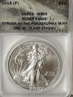 2015-p Silver Eagle Anacs Ms69 Struck At The Philadelphia Mint Mintage 79,640