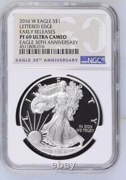 2016-W $1 Silver Eagle PF-69 NGC Lettered Edge 30th Anniversary ER label