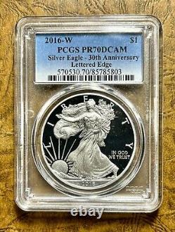 2016 W Proof Silver Eagle Pcgs Pr70dcam 30th Letter Edge Mercanti Design # Nnz