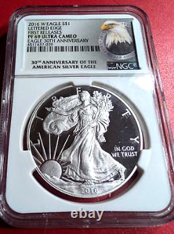 2016-W Silver Eagle NGC PF69 Ultra Cameo 30th Anniv. Lettered Edge 1st Releases